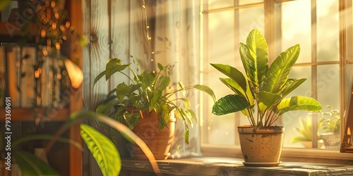 a green plant in a pot with sunlight coming from the window in the room