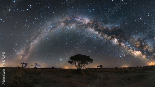 Epic Panoramic astrophotography of visible Milky Way galaxy. Stardust at night sky