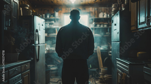 Silhouette of a person standing in a dimly lit, cluttered workshop with visible dust in the air.