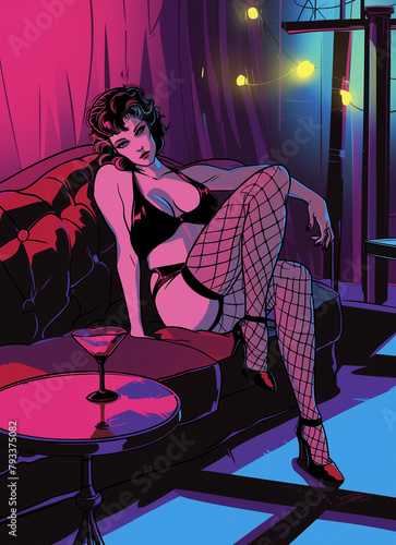 Femme du monde de la nuit : stripteaseuse ou pole danseuse au club en train d'attendre les clients en buvant un verre, illustration rétro