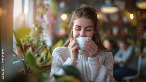 Woman Enjoying Aromatic Coffee in Busy Cafe