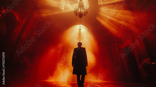 Silhouette of a person standing in a grand room with a chandelier, backlit by dramatic red lighting.