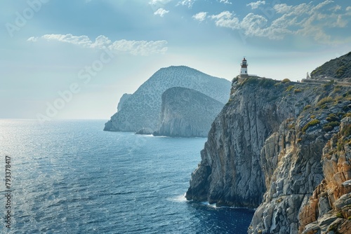 view of a rocky mountainous cliff with the blue ocean sea water landscape