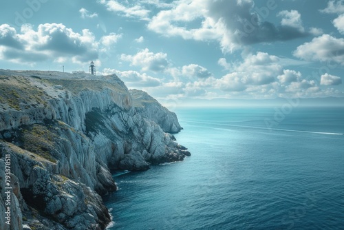 view of a rocky mountainous cliff with the blue ocean sea water landscape