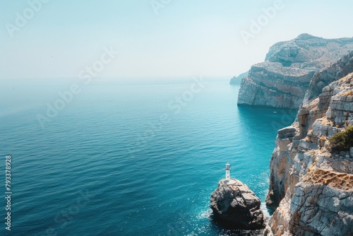 view of a rocky mountainous cliff with the blue ocean sea water landscape