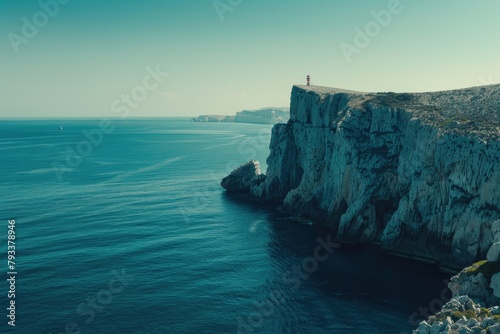 view of a rocky mountainous cliff with the blue ocean sea water landscape