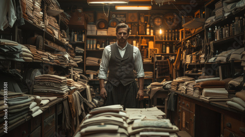 A tailor stands amidst piles of fabric in a vintage-inspired workshop with a warm, cinematic ambiance.
