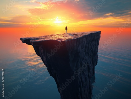 A person stands on a cliff overlooking the ocean. The sky is orange and the water is calm. The scene is peaceful and serene