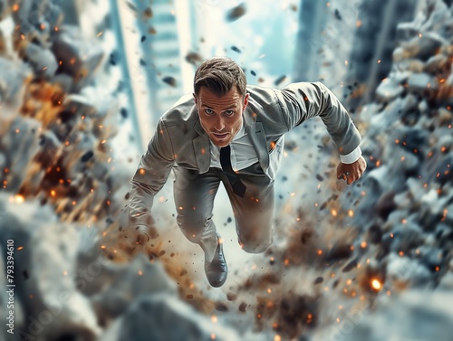 A man in a suit is running through a pile of rubble. Concept of urgency and chaos, as the man is trying to escape the destruction. The man's suit and tie add a sense of formality to the scene