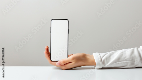 front view of hand holding a smartphone screen on white background 