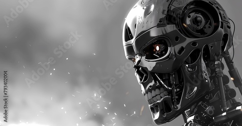 Fondo gris con cara de robot maligno, hojos rojos. Generado con tecnología IA