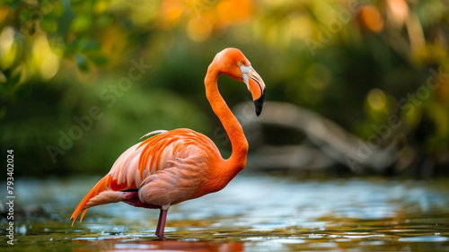 flamingo standing in water with beautiful background 