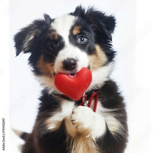 beautiful puppy holding a heart along white white backdrop