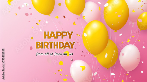 happy birthday card on pink back ground with yellow balloons