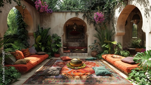 serene arabic courtyard with traditional pillows and vibrant carpets