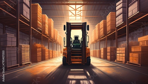 Forklift Operating in Warehouse With Boxes on Shelves. Generative AI