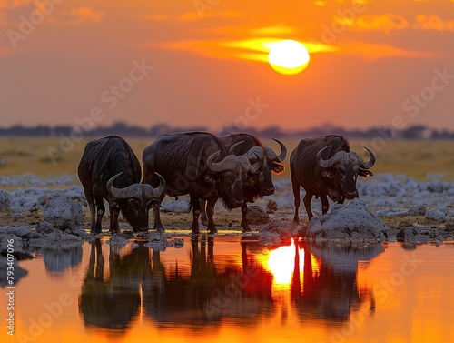 A beautiful sunset over a watering hole in the African savanna. A group of buffalo are drinking from the waterhole, their silhouettes etched against the setting sun.