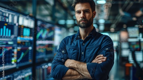 Confident man in navy blue shirt standing in front of multiple data-monitoring screens in a high-tech work environment.