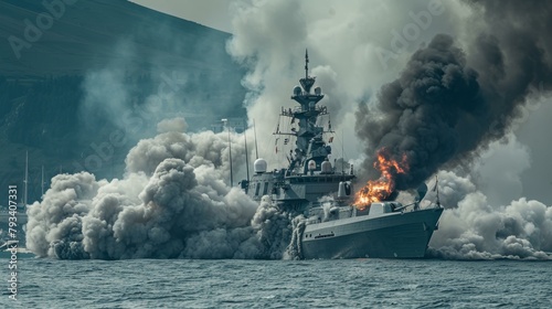 Intense naval exercise in stormy seas: warship engulfed in smoke and flames, showcasing military might and strategic maneuvers, no people visible.