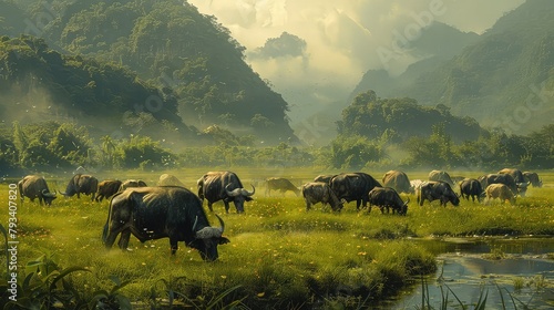 A herd of buffalo grazing in a lush green field with a river and mountains in the background