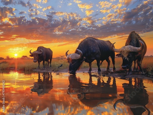 Three African buffalo are drinking from a waterhole at sunset. The sky is ablaze with color, and the water reflects the beauty of the scene.