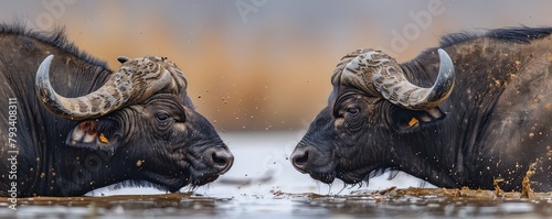 Two African buffalo bulls square off in a river