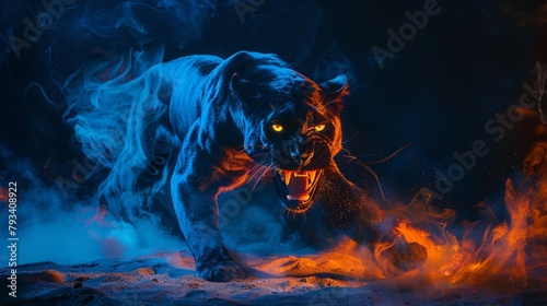 A striking digital artwork of a glowing blue and black panther, prowling through flames and smoke, illuminated with an intense, fiery glow.