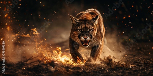 A powerful cougar charges forward through a fiery setting, surrounded by sparks and glowing embers, with intense focus and aggression in its eyes.