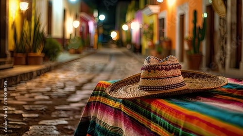 In a picturesque Mexican town at night a traditional Mexican sombrero rests elegantly atop a vibrant serape