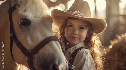 Cowgirl posing with horse, cute young girl wearing cowboy hat smiling at farm, cuddling adorable white horse. Beautiful little cowgirl wallpaper banner background.