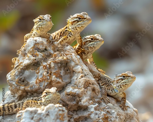 A group of agama lizards on a rock