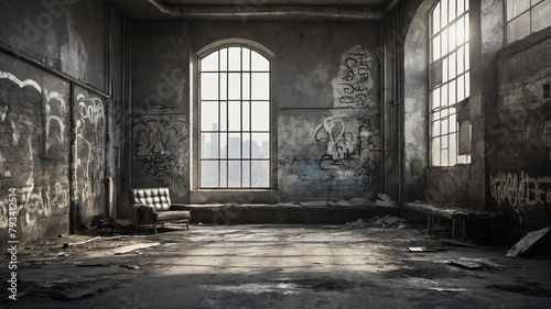 Sunlight streams through large, arched window, casting warm glow on graffiti-covered walls of abandoned room. This room, seemingly untouched for years, exudes air of desolation, neglect. Lone sofa.