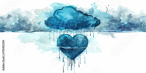 Grief: The Raincloud and Drowning Heart - Imagine a raincloud hovering over a heart submerged in water, illustrating the drowning feeling of grief.