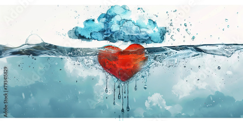 Grief: The Raincloud and Drowning Heart - Imagine a raincloud hovering over a heart submerged in water, illustrating the drowning feeling of grief.