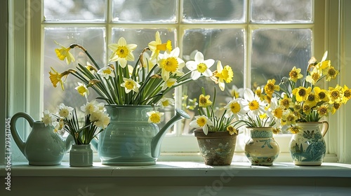 Daffodils and primroses nestled in charming pots alongside a decorative watering can brighten up the windowsill
