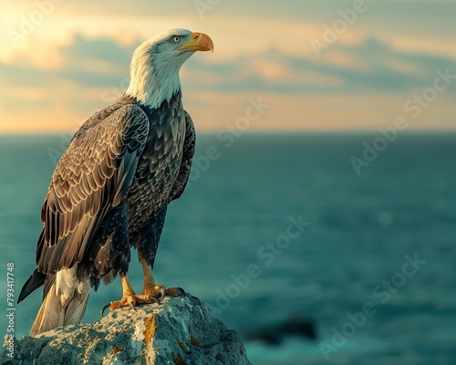 An eagle stands on a rock outcropping looking out over the ocean.