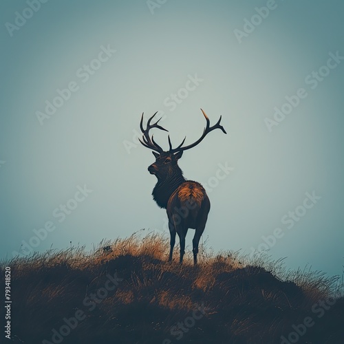 A large elk stands on a hilltop, silhouetted against the sky.