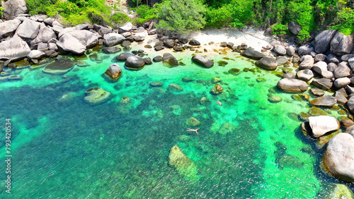 Where emerald forests meet azure waters, and golden sands embrace rugged rocks-a paradisiacal haven for seekers of serenity. Aerial drone. Koh Tao, Thailand. Tropical sea background. 