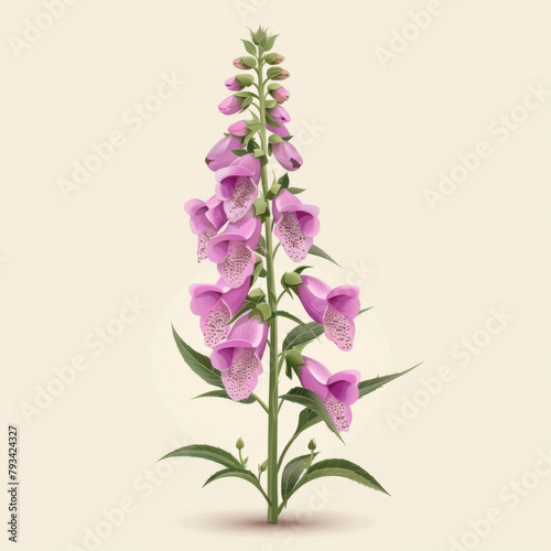 Illustration of elegant purple foxglove flowers with spotted throats, on a plain background.