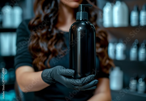 Black hair dye bottle in the hand of a professional hairdresser wearing gloves.. Concept is hair dye