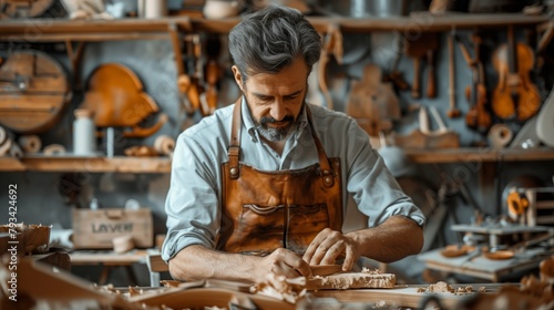 A middleaged male carpenter is carving wood with tools in his workshop, surrounded by various wooden instruments and materials on the workbench. He has dark hair and beard focused working.