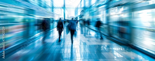 Blurred motion of commuters in modern cityscape