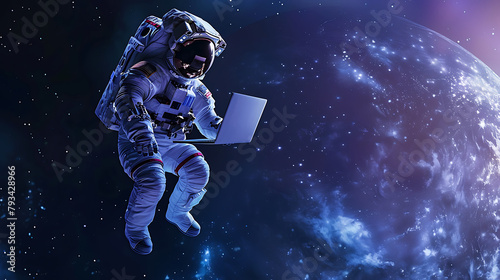 an astronaut flying in the galaxy and bring a laptop