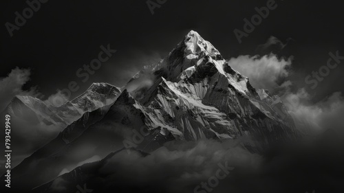 Majestic snowy mountain peak in clouds - An awe-inspiring black and white photo showcasing the grandeur of a snowy mountain peak enveloped by ethereal clouds