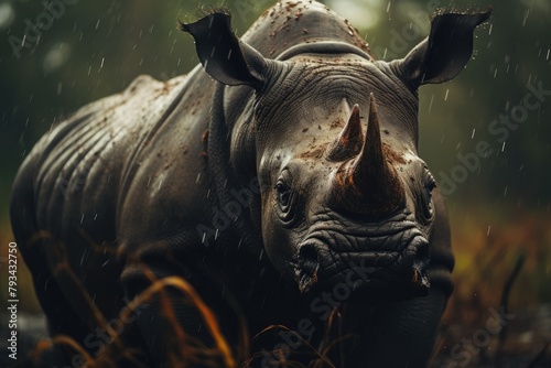 Rinocerontes en ป่าใหญ่ ท่ามกลางฝนตกลงมา
