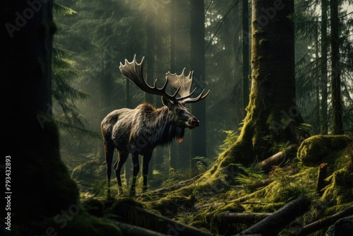 Moose with antlers standing in the middle of a forest area Surrounded by grass and trees Provides a lush, rich and green atmosphere.
