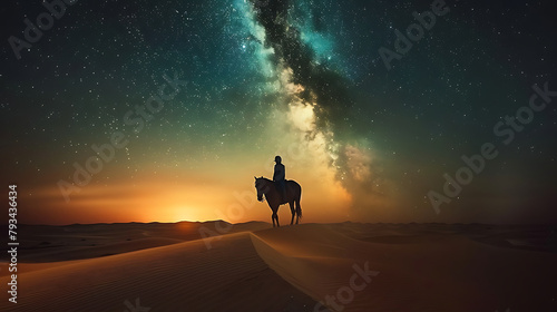 picture a man ride horse in desert