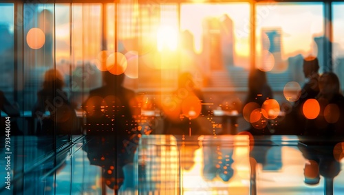 blurred people conference room city view lens flares executive industry banner shadowy informant crepuscule concentrated buildings clear glass corporate eye sunlit windows