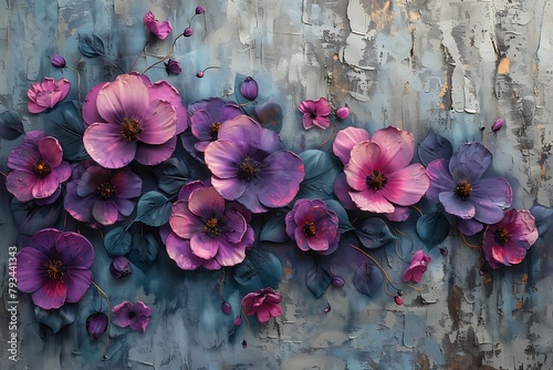 purple flowers blue background leaves wall color large opaque blossoms magenta gray incredible paint textures auto