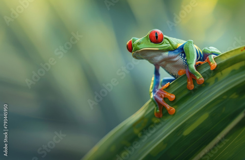 Redeyed tree frog perched on the leaf of an exotic plant in a rainforest